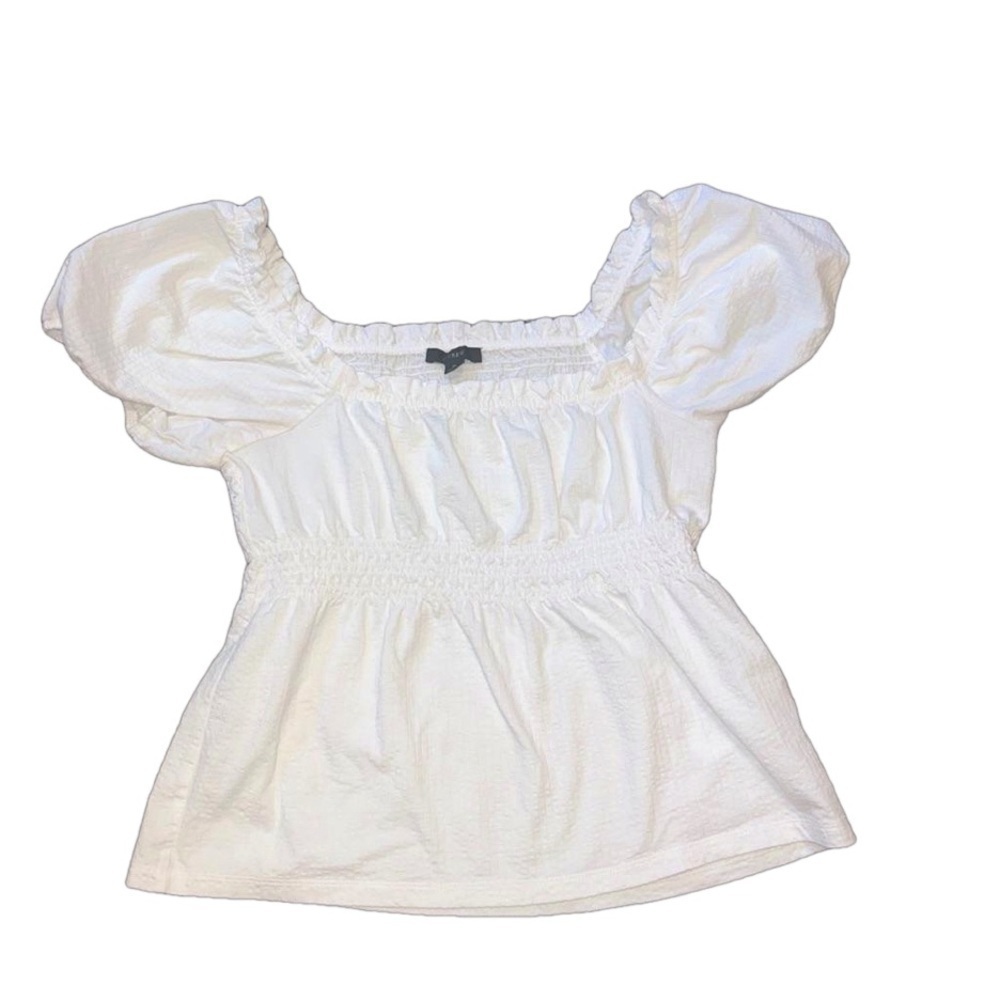 NWOT J.Crew White Puff Sleeve Square Neck Peasant Seersucker Smocked Top Medium